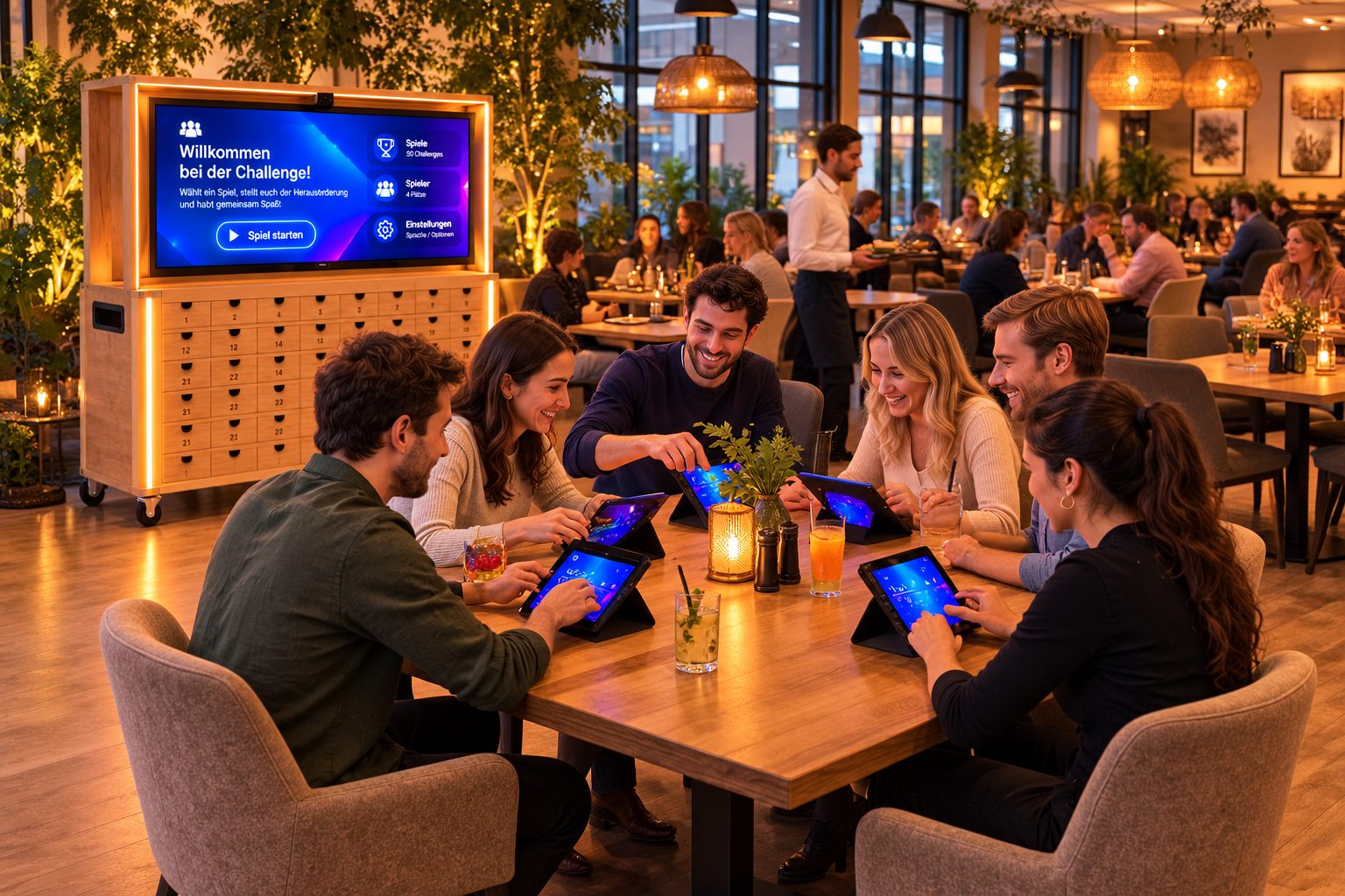 Restaurant: sechs Freunde spielen mit Tablets am Tisch, daneben der Automat