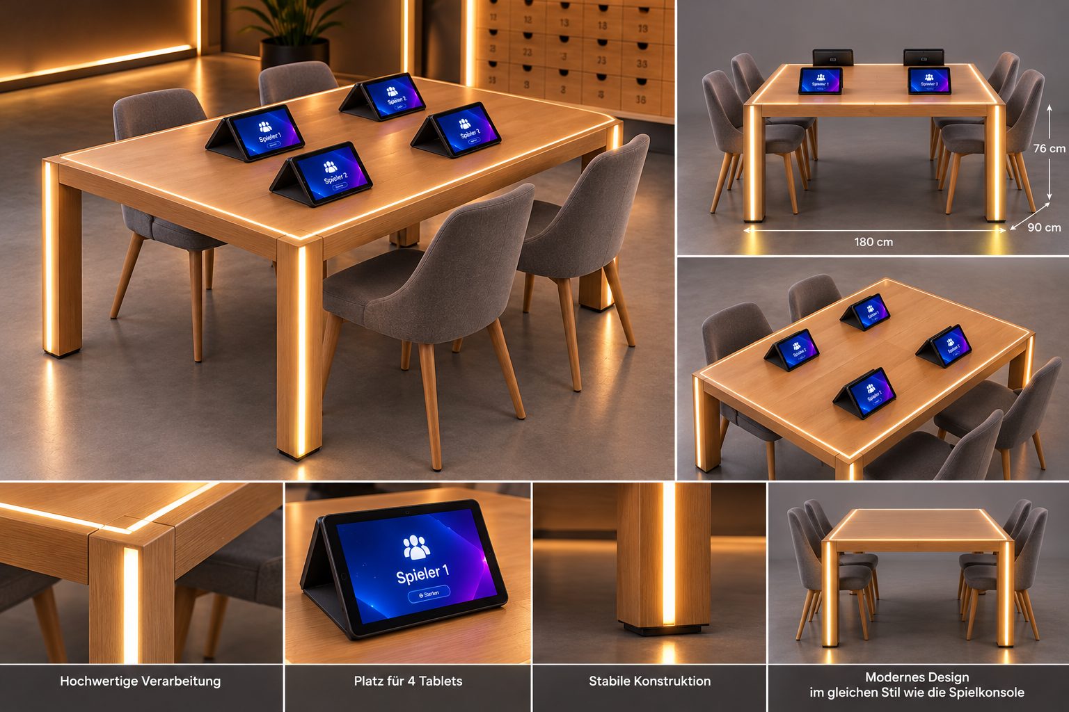 Spieltisch mit LED-Kanten, vier Stühlen und vier Tablets, mit Maßangaben