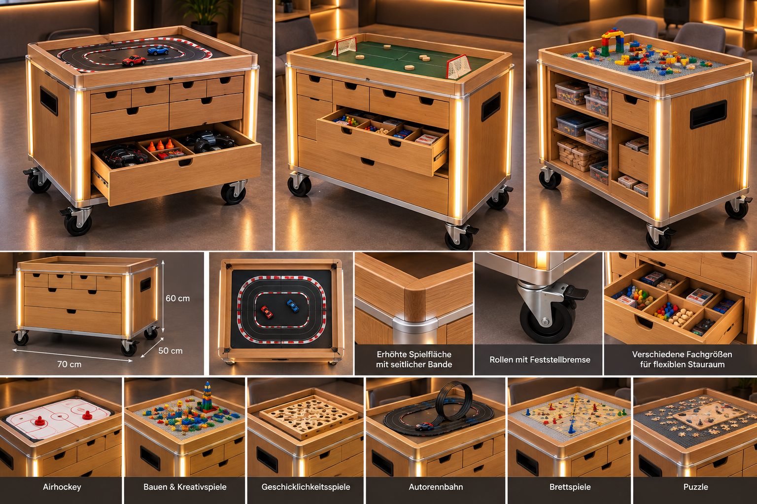 Spielwagen auf Rollen mit Schubladen, Maßen und sechs Spielflächen von Airhockey bis Puzzle