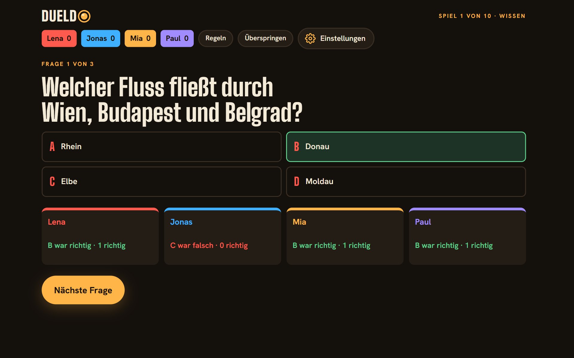 Schnellquiz mit Frage, vier Antworten und Auflösung pro Spieler